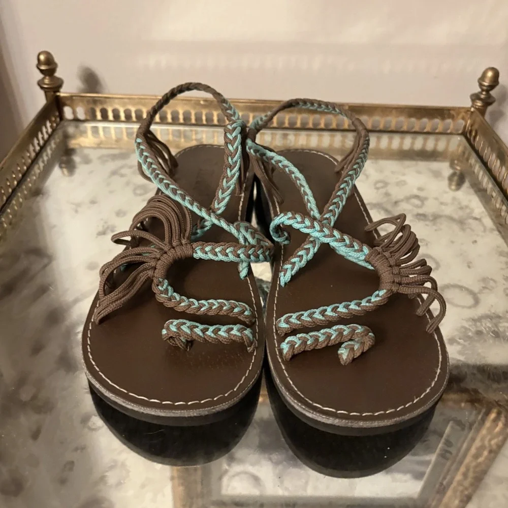 Plaka Palm Leaf Sandals Womens Size 9 Braided Rope Flat Shoes Beach Casual Summe